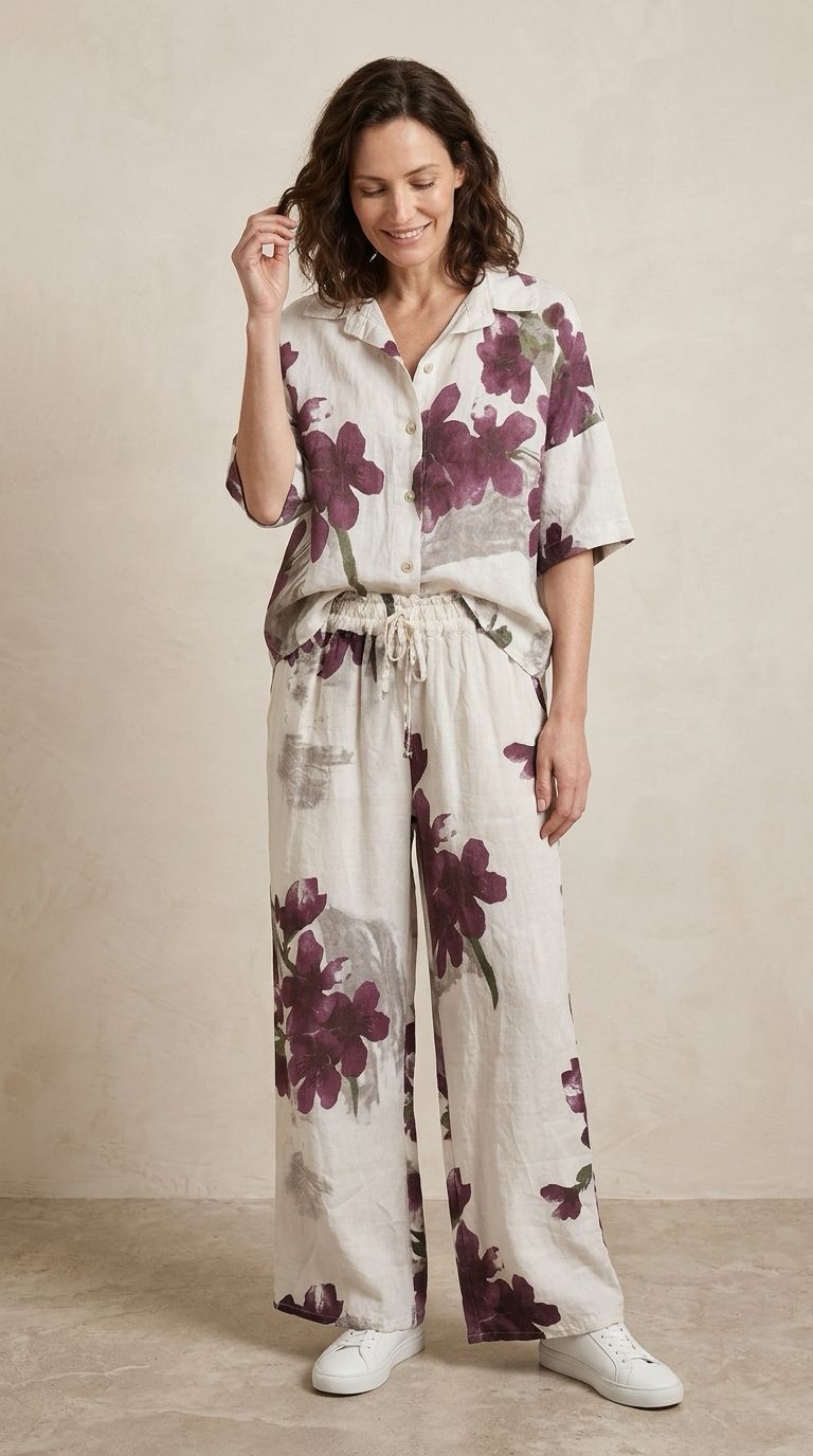 El mismo conjunto de lino floral en una toma de campaña sobre modelo