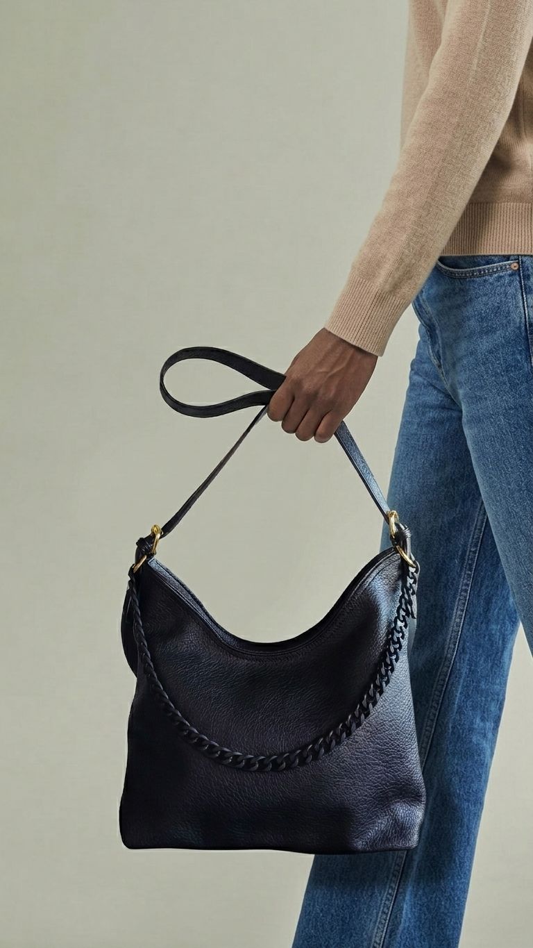 El mismo bolso de cuero negro sostenido por una modelo en una toma editorial