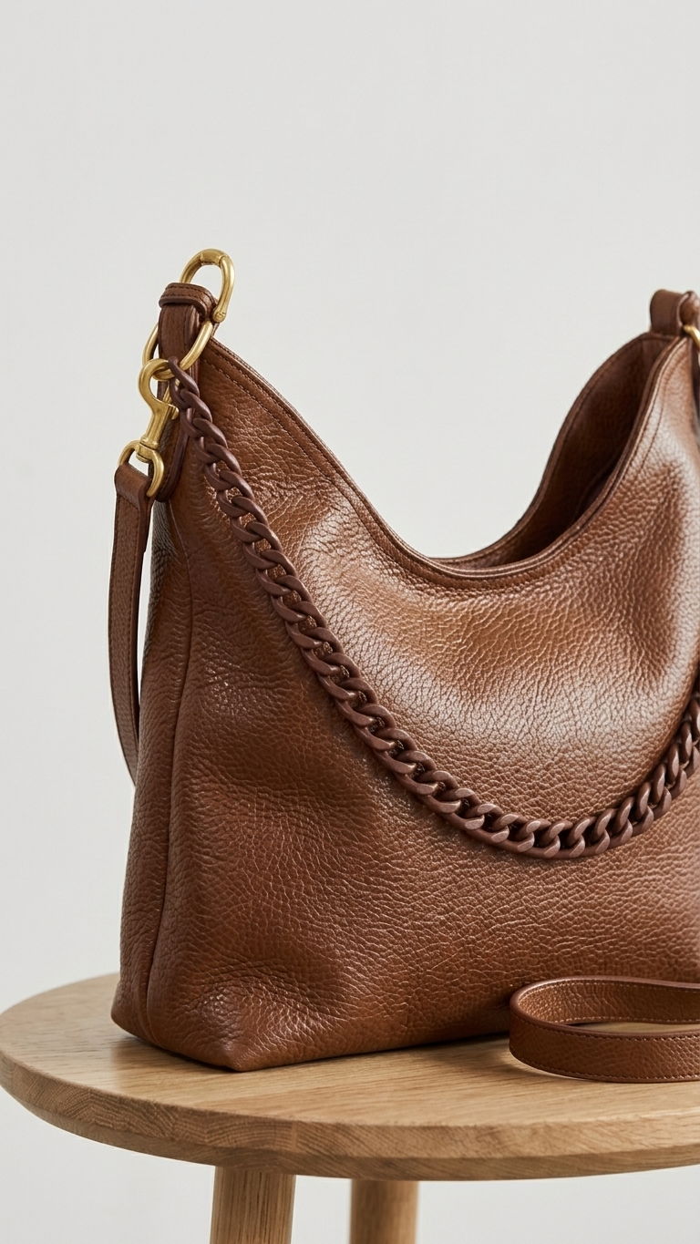 El mismo bolso hobo de cuero marrón ambientado sobre una banqueta de madera en una toma editorial