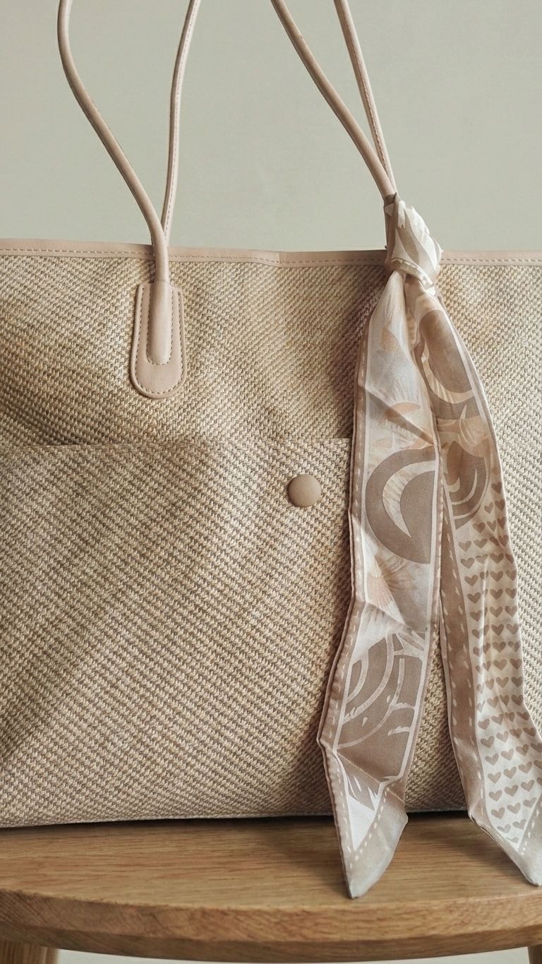 El mismo bolso de rafia ambientado en una toma editorial