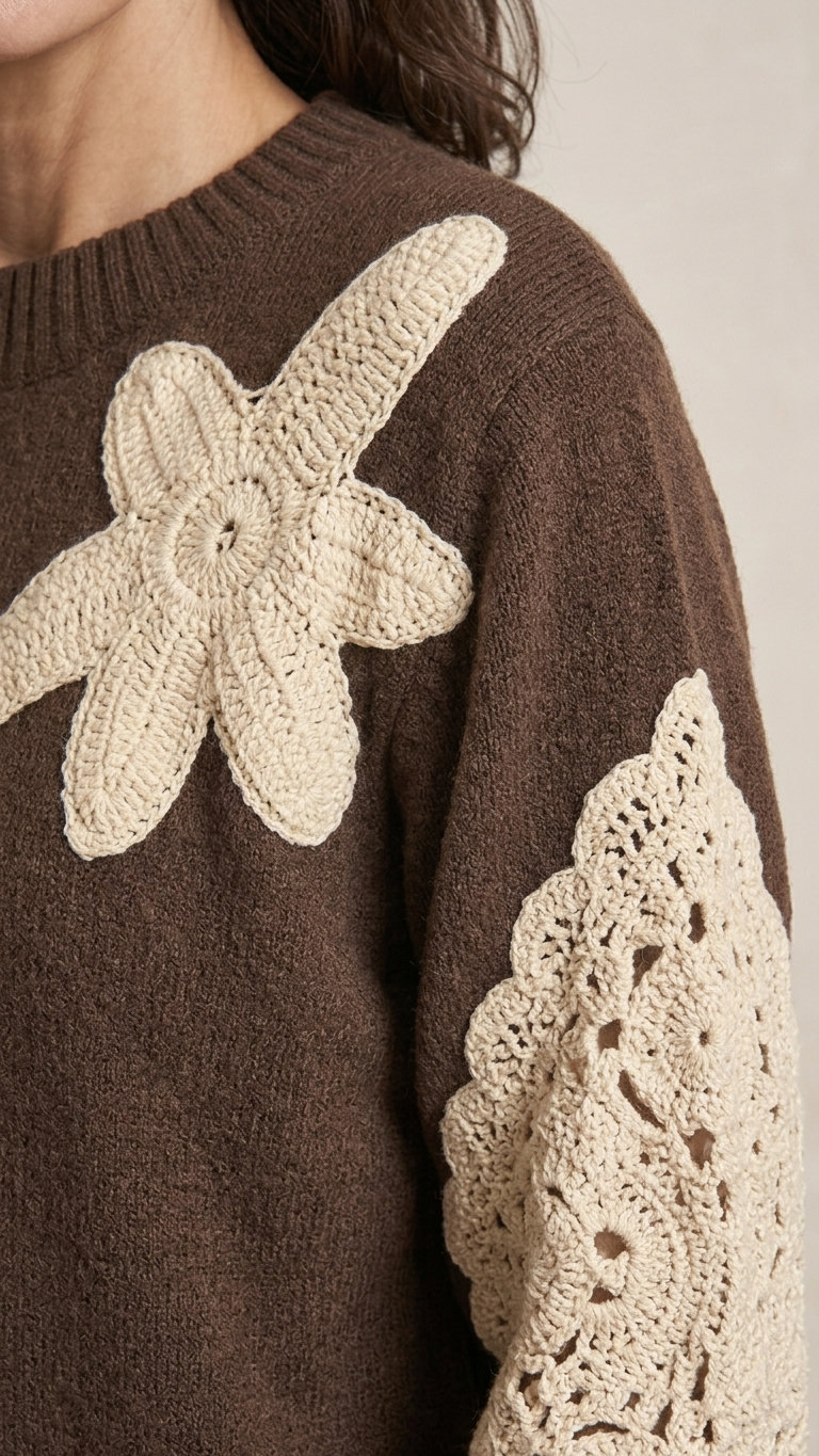 El mismo sweater marrón con apliques de crochet en un primer plano editorial sobre modelo