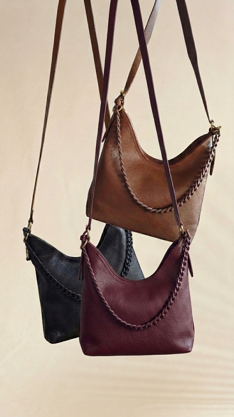 El mismo trío de bolsos crossbody suspendidos en una toma editorial sobre fondo cálido